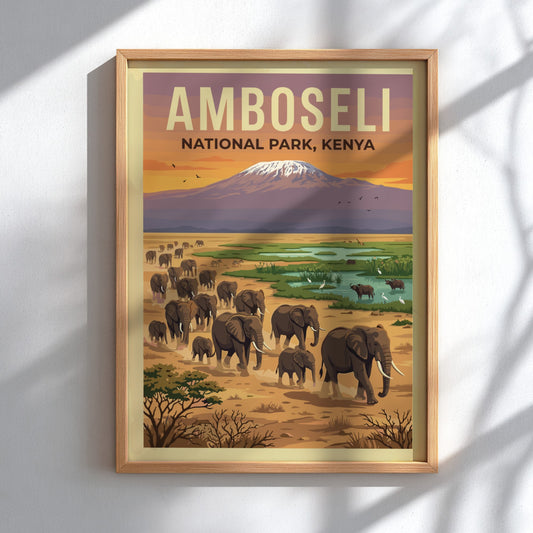 Amboseli National Park poster showcasing elephants and Mount Kilimanjaro in warm tones, perfect for wildlife