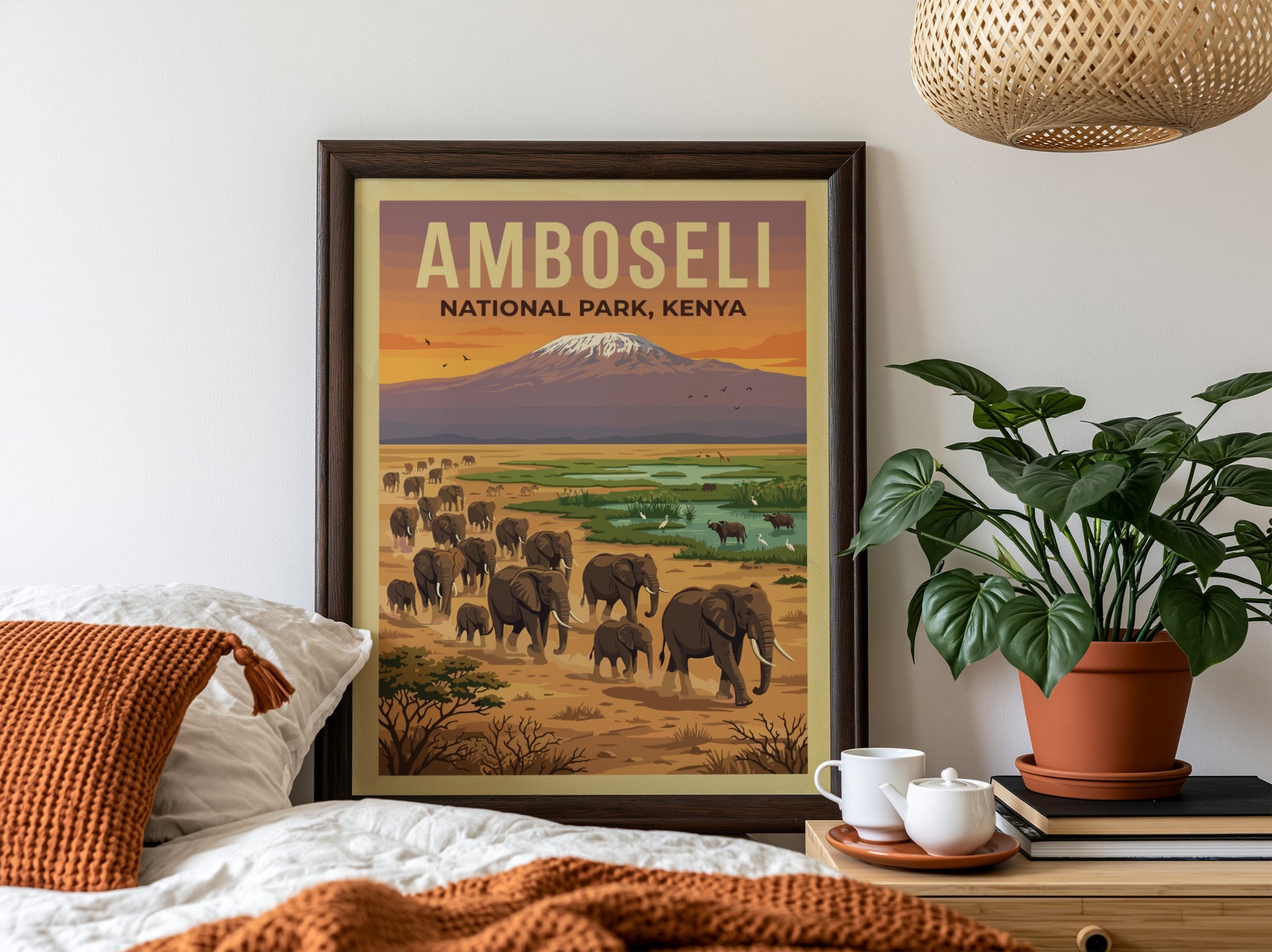 Amboseli National Park poster showcasing elephants and Mount Kilimanjaro in warm tones, perfect for wildlife