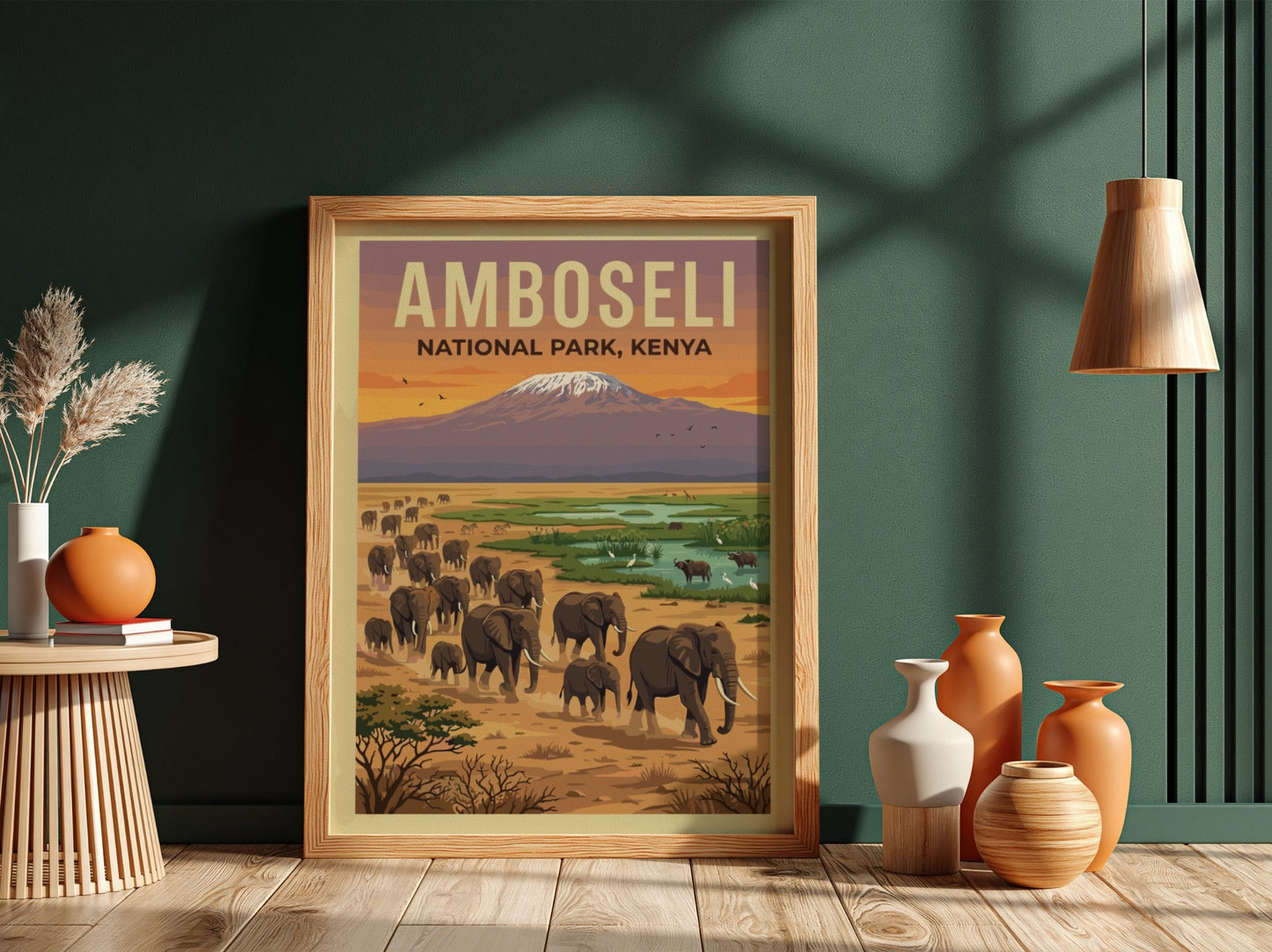 Amboseli National Park poster showcasing elephants and Mount Kilimanjaro in warm tones, perfect for wildlife