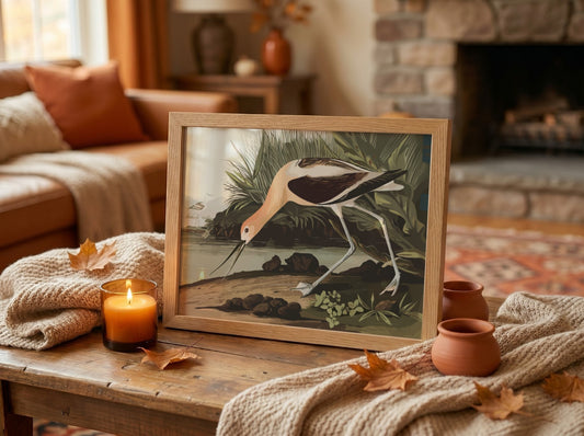 American Avocet art poster featuring earthy tones and detailed wildlife illustration, perfect for nature wall