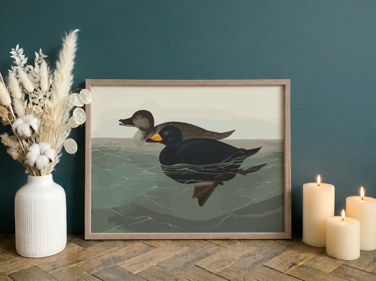 American Scoter Duck poster featuring vintage bird art in earthy tones, perfect for wall decor.
