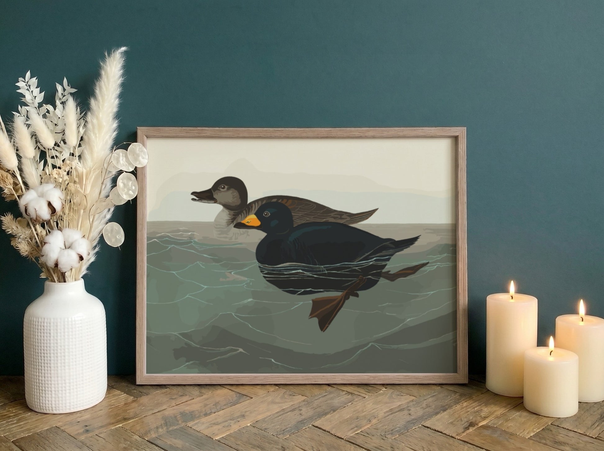 American Scoter Duck poster featuring vintage bird art in earthy tones, perfect for wall decor.