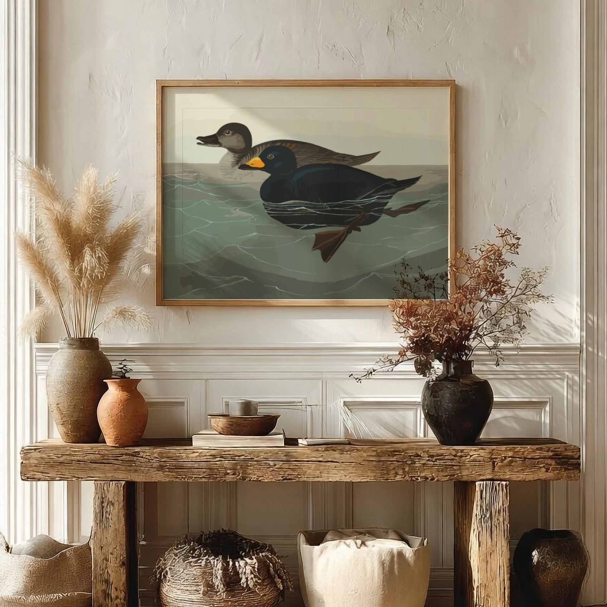 American Scoter Duck poster featuring vintage bird art in earthy tones, perfect for wall decor.