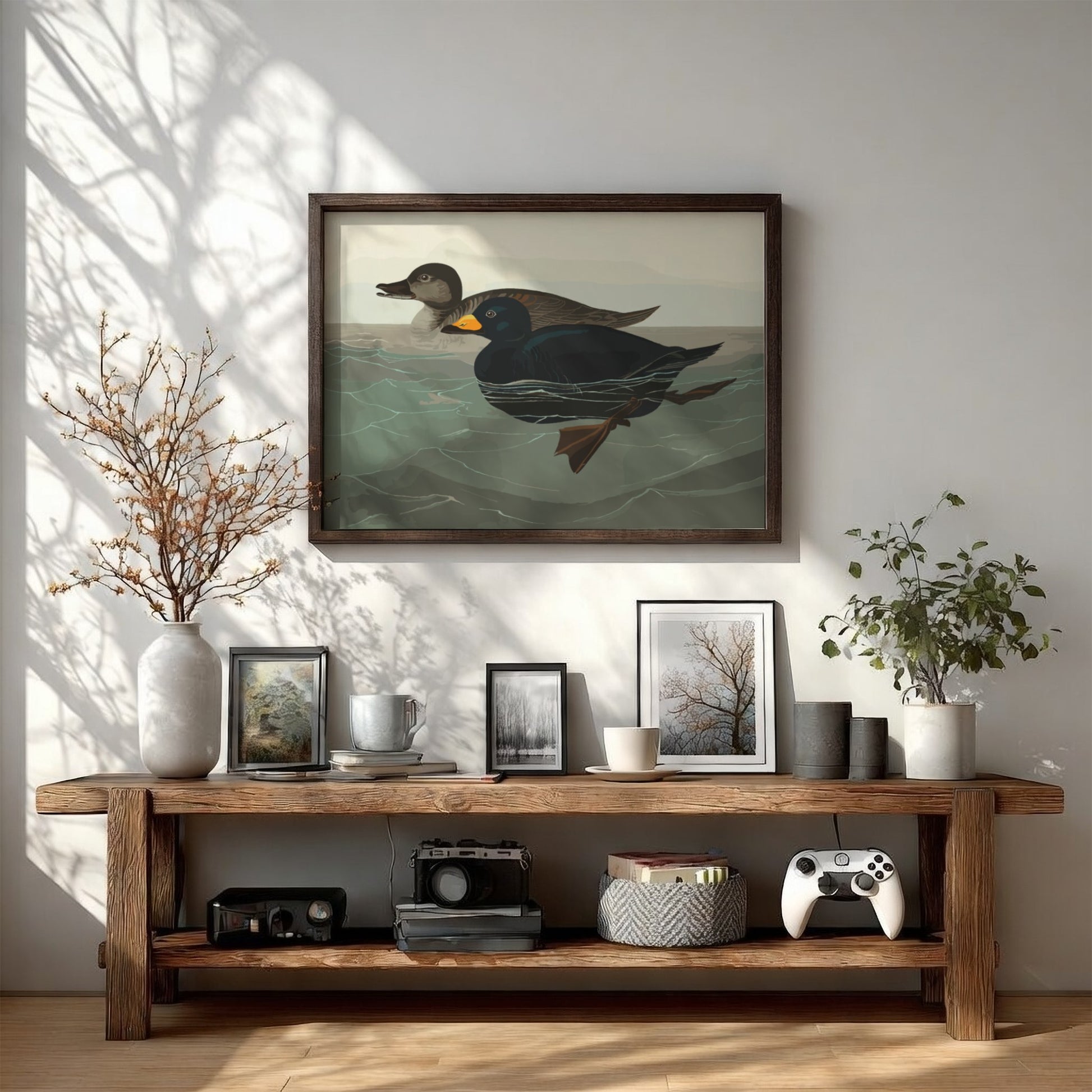 American Scoter Duck poster featuring vintage bird art in earthy tones, perfect for wall decor.