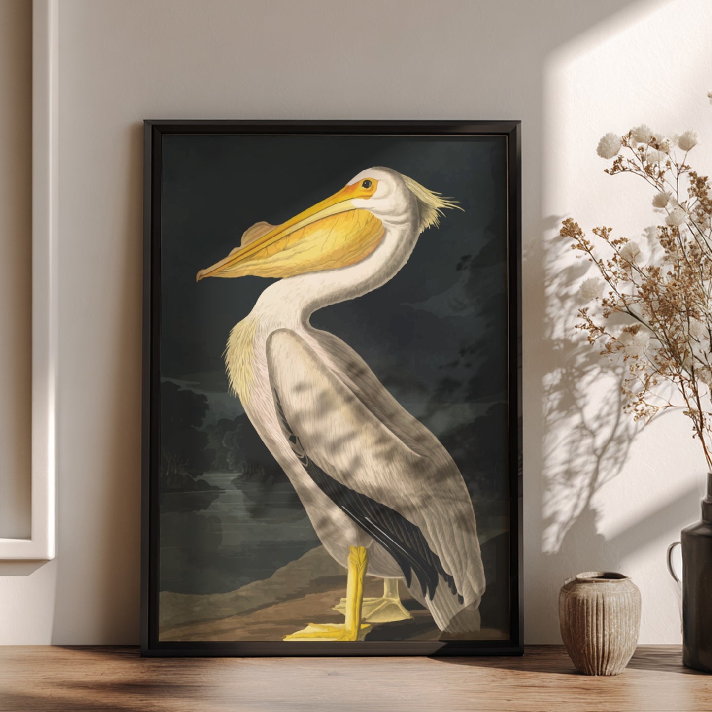 American White Pelican art poster featuring vintage illustration style and natural colors for wall decor