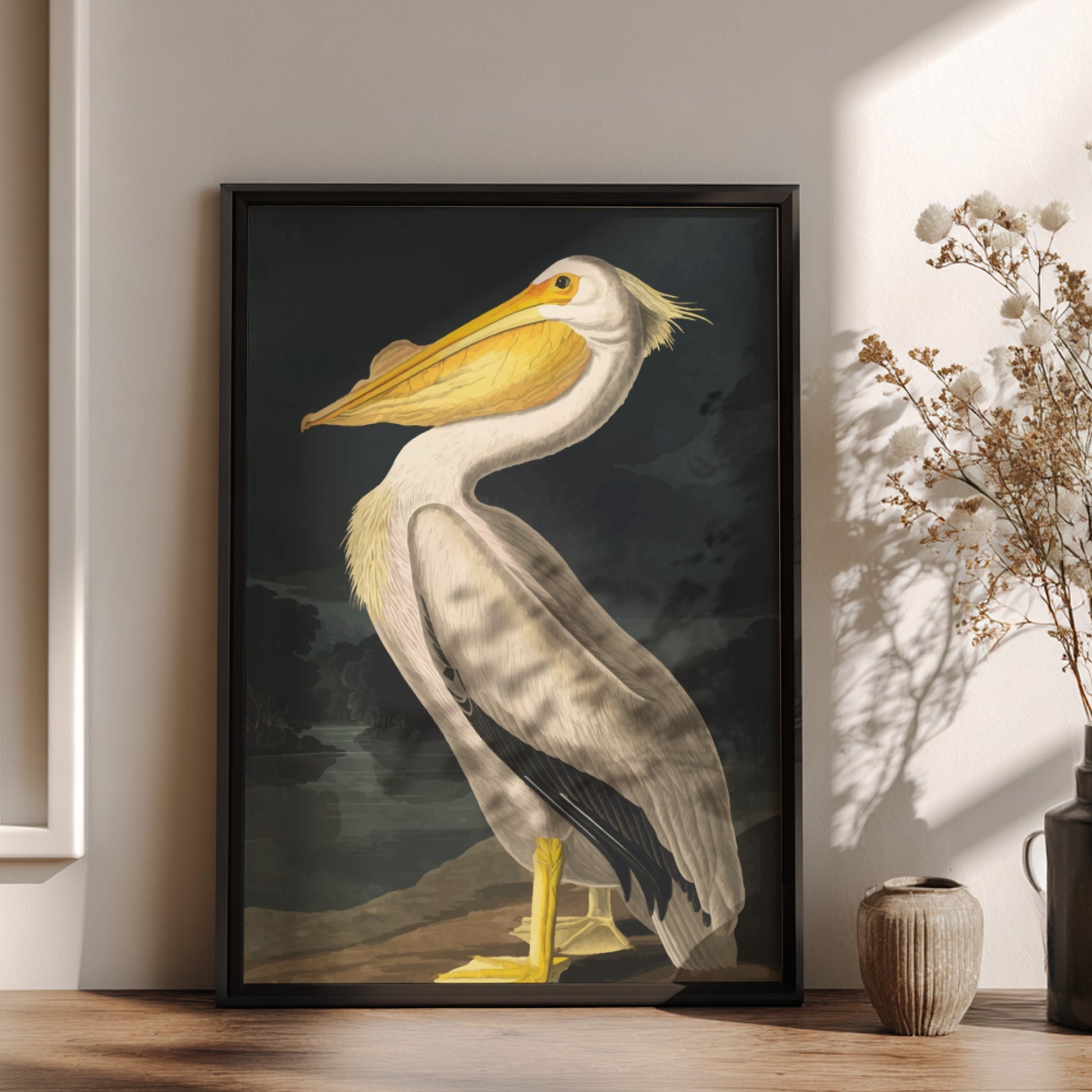 American White Pelican art poster featuring vintage illustration style and natural colors for wall decor