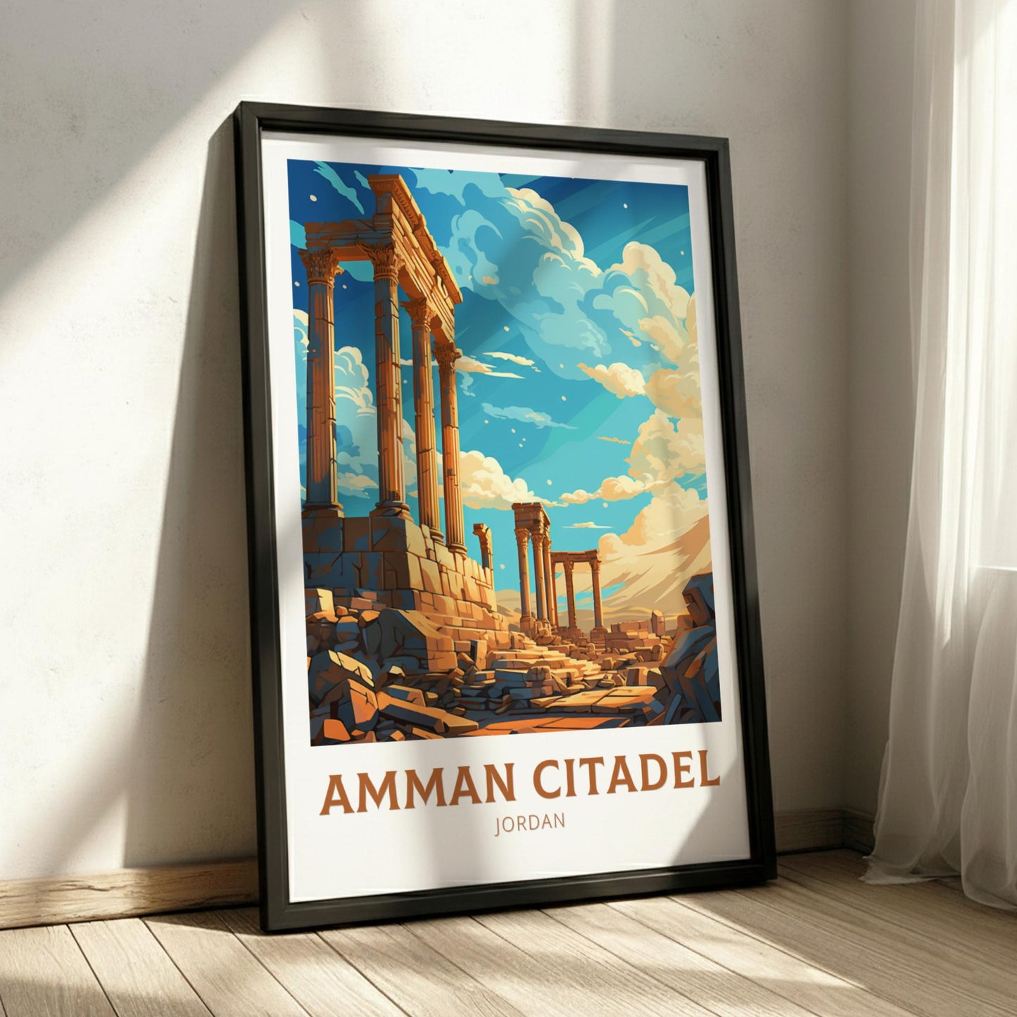 Framed poster of Amman Citadel in Jordan on a wall.