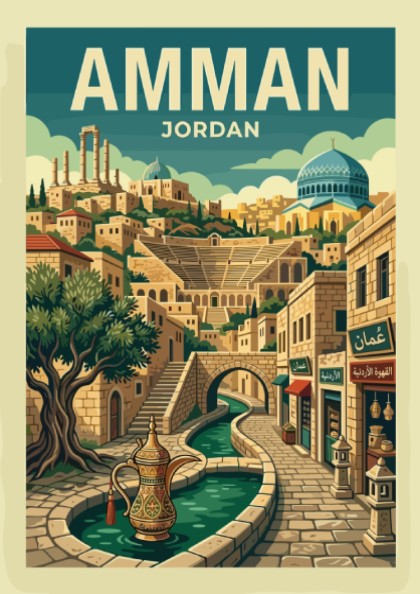 Amman Jordan travel poster with retro illustration of cityscape, fountain, and buildings.