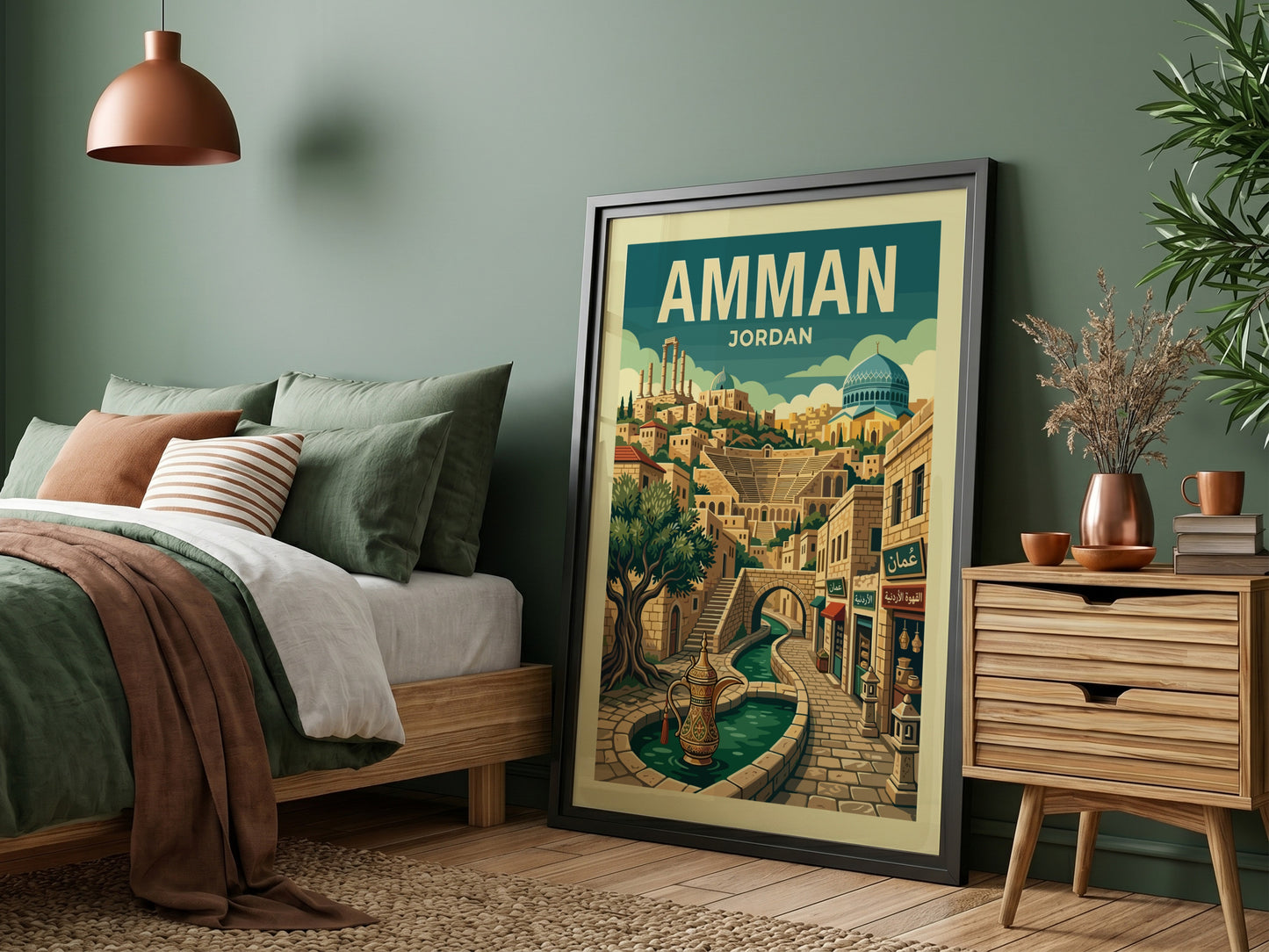Amman Jordan travel poster with retro illustration of cityscape, fountain, and buildings.