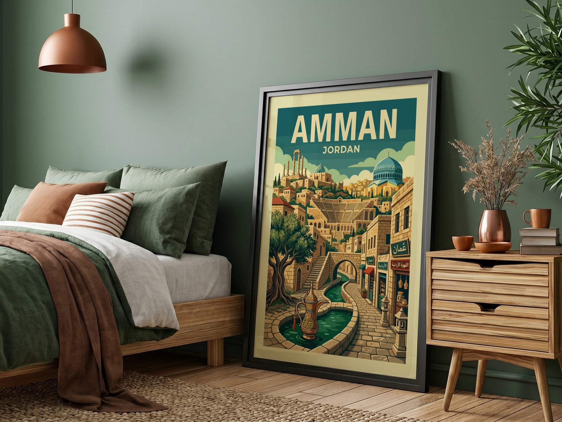 Amman Jordan travel poster with retro illustration of cityscape, fountain, and buildings.