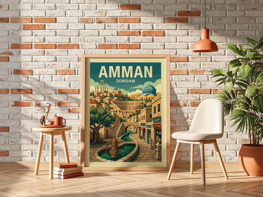 Amman Jordan travel poster with retro illustration of cityscape, fountain, and buildings.