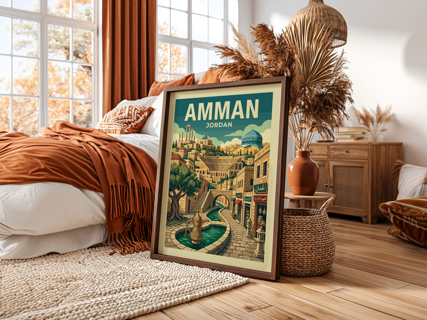 Amman Jordan travel poster with retro illustration of cityscape, fountain, and buildings.