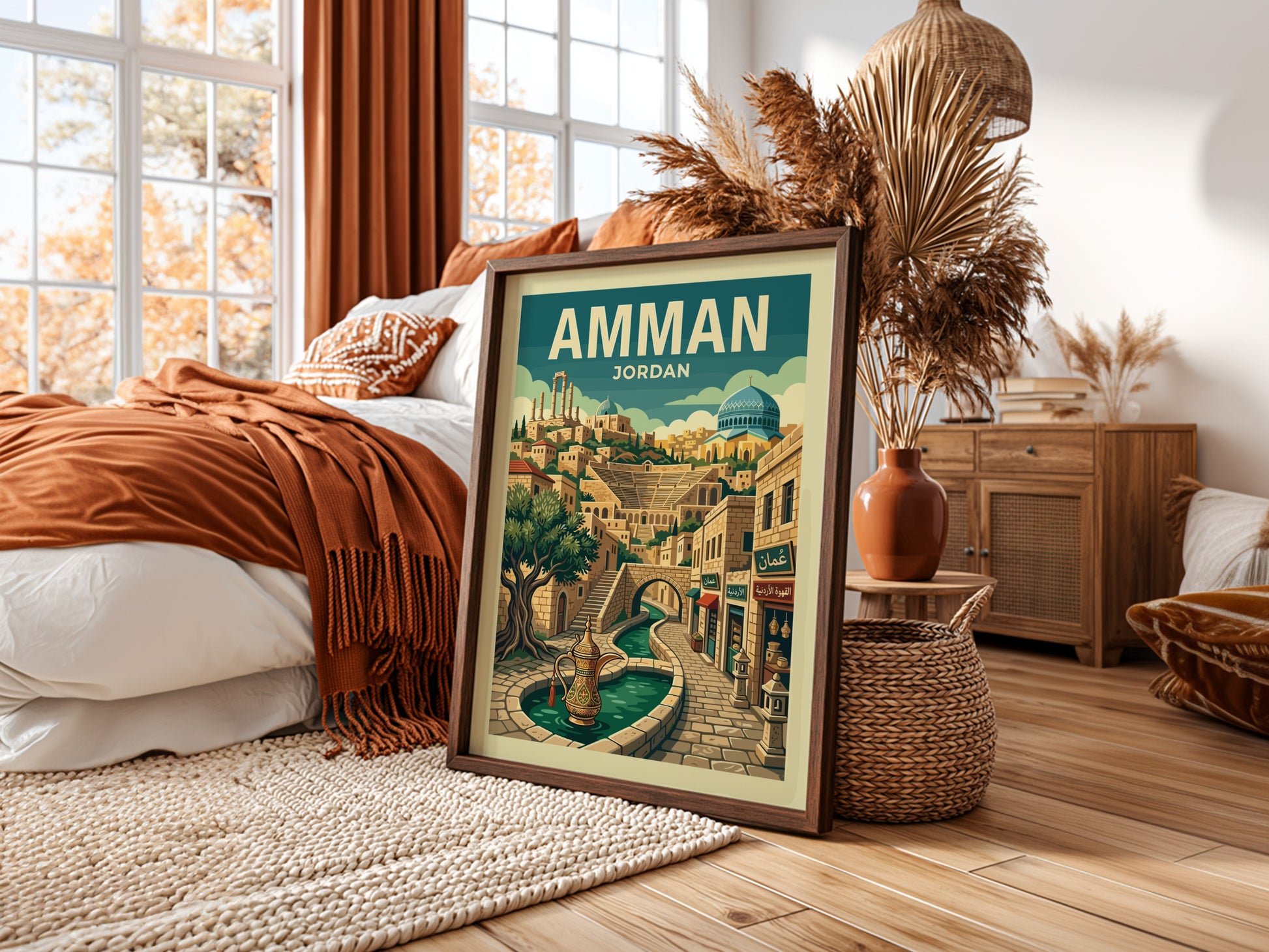 Amman Jordan travel poster with retro illustration of cityscape, fountain, and buildings.