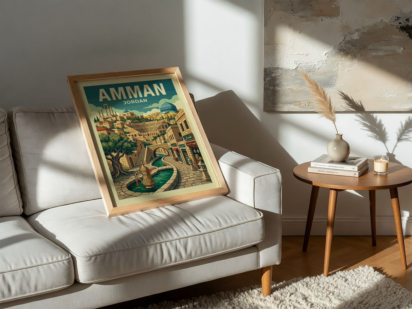 Amman Jordan travel poster with retro illustration of cityscape, fountain, and buildings.