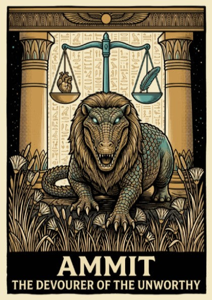 Poster featuring Ammit the Devourer of the Unworthy with scales of justice illustration