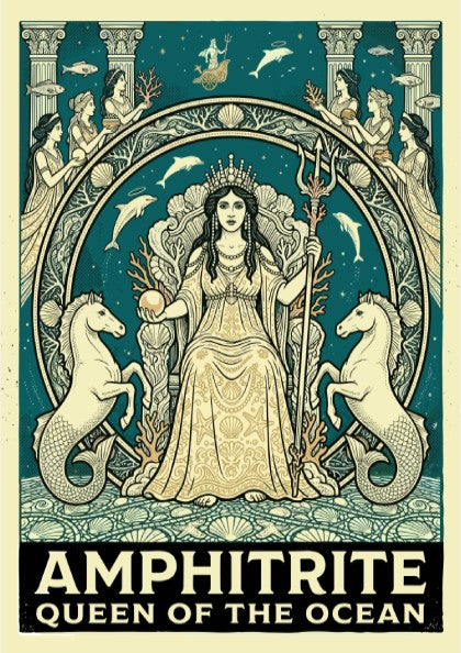Amphitrite Queen of the Ocean Greek mythology poster with teal and gold palette.