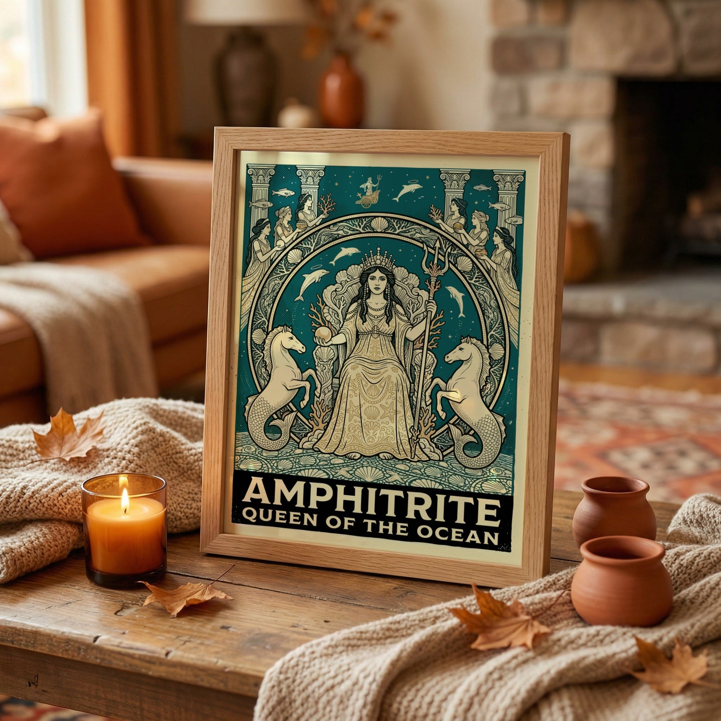 Amphitrite Queen of the Ocean Greek mythology poster with teal and gold palette.