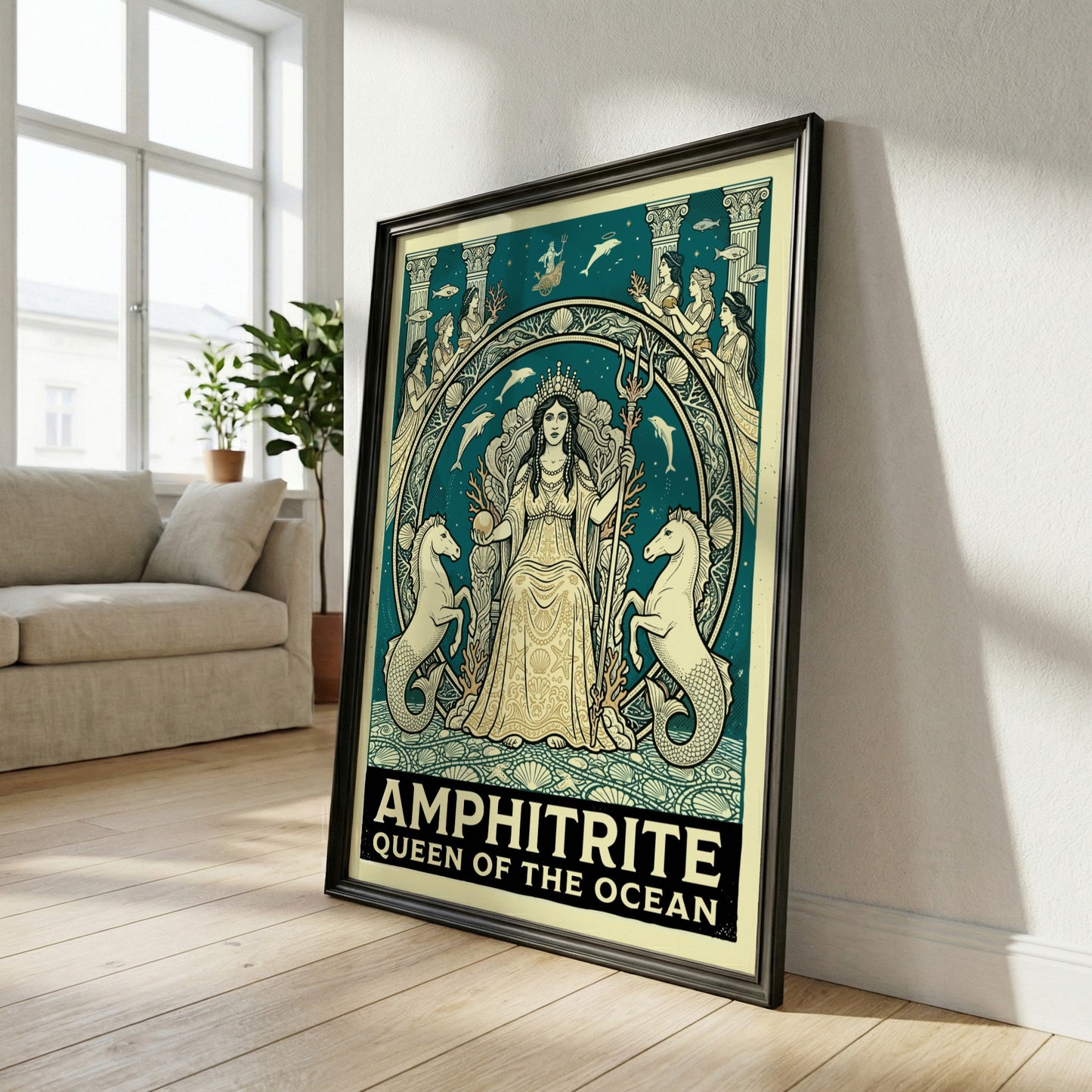 Amphitrite Queen of the Ocean Greek mythology poster with teal and gold palette.