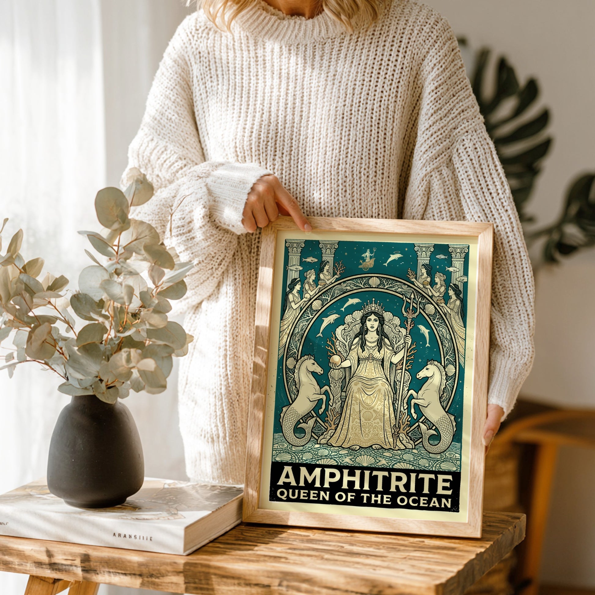 Amphitrite Queen of the Ocean Greek mythology poster with teal and gold palette.
