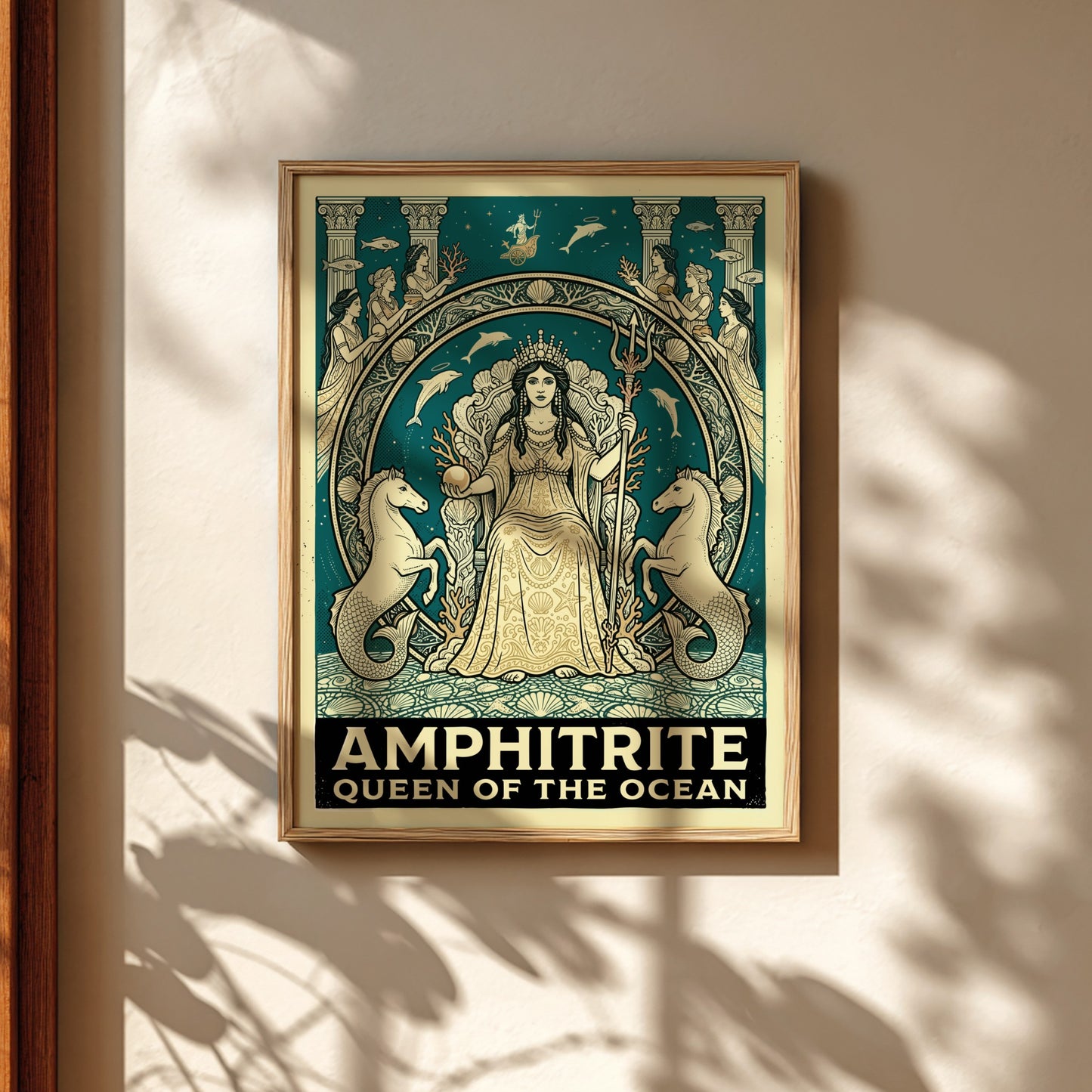 Amphitrite Queen of the Ocean Greek mythology poster with teal and gold palette.
