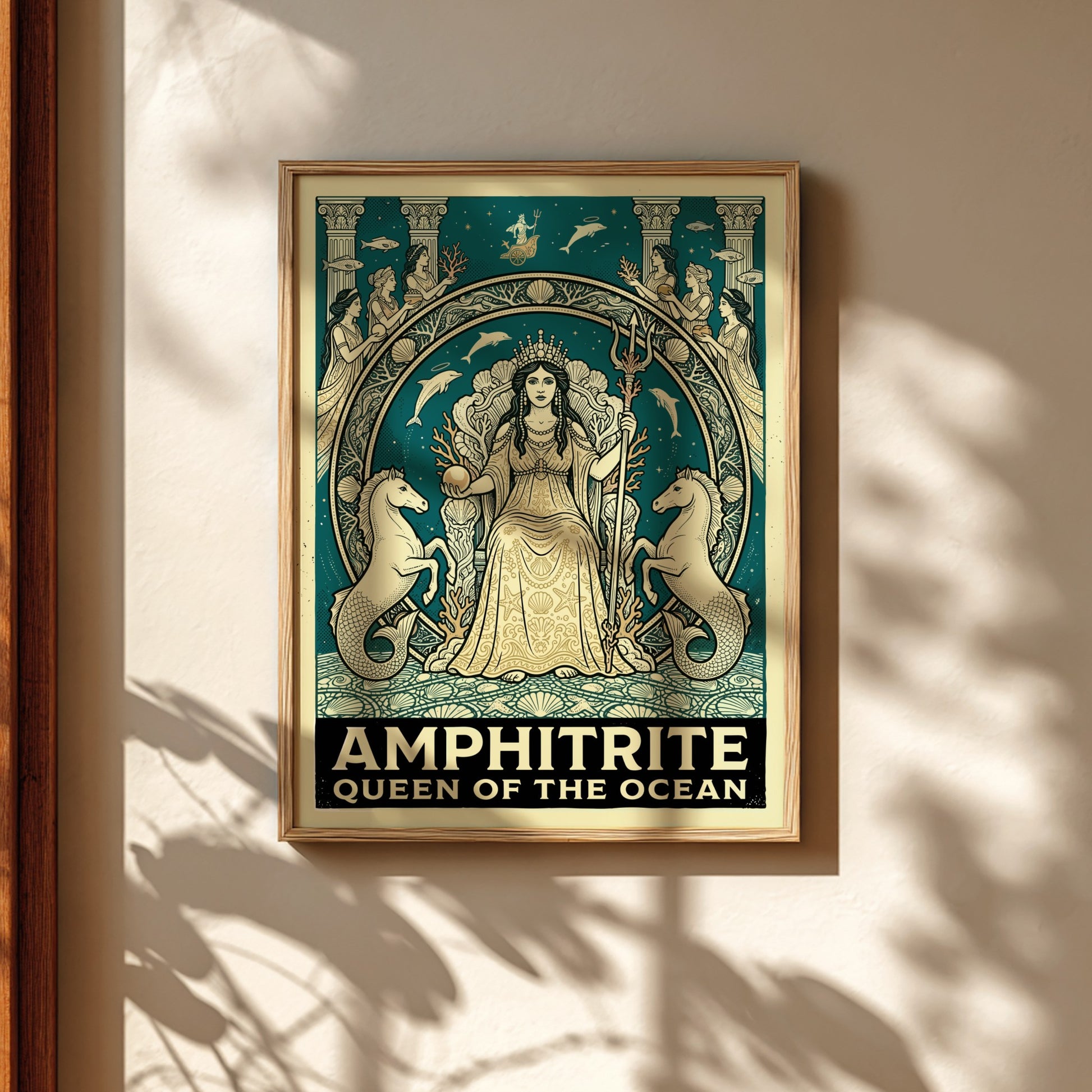 Amphitrite Queen of the Ocean Greek mythology poster with teal and gold palette.