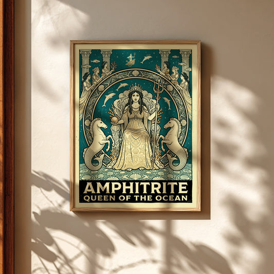 Amphitrite Queen of the Ocean Greek mythology poster with teal and gold palette.
