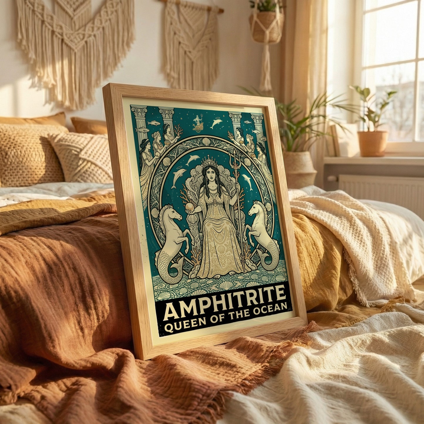 Amphitrite Queen of the Ocean Greek mythology poster with teal and gold palette.