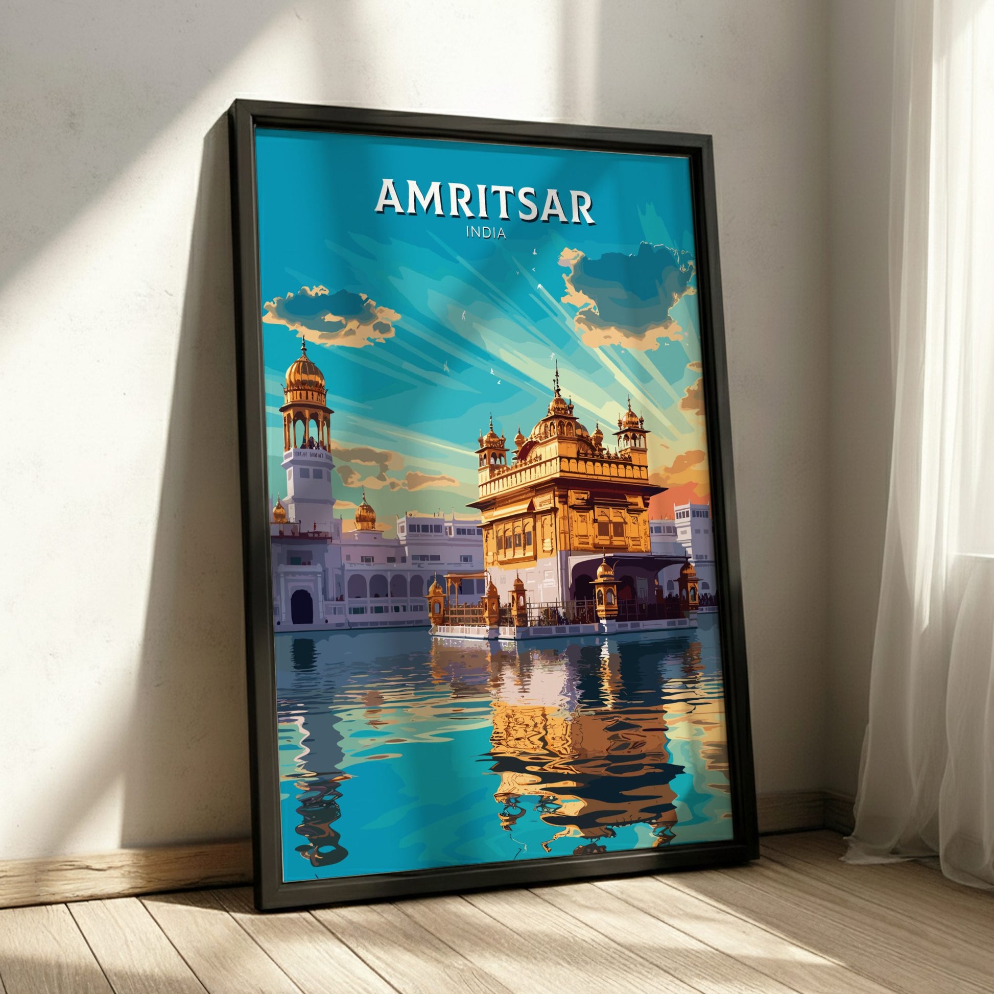 Framed poster of Amritsar with a temple and lake reflection on a blue sky background.