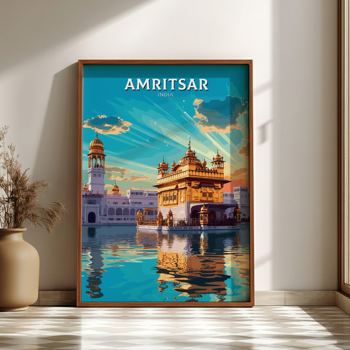 Framed poster of Amritsar, India with a temple reflection on water.
