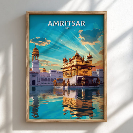 Framed poster of Amritsar with a temple and blue sky.