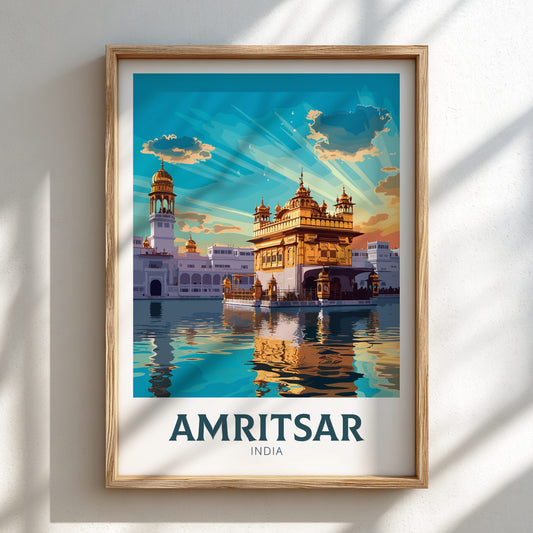 Framed poster of Amritsar with a temple and lake reflection on a white wall.