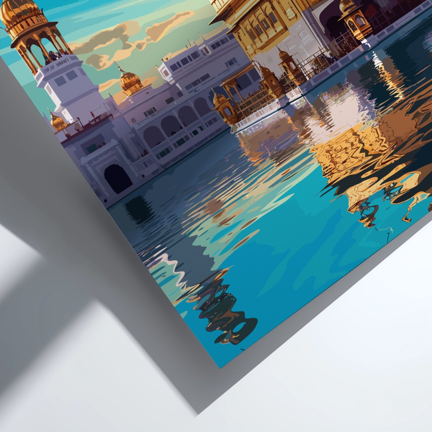 Artistic depiction of a palace with reflective water on a poster
