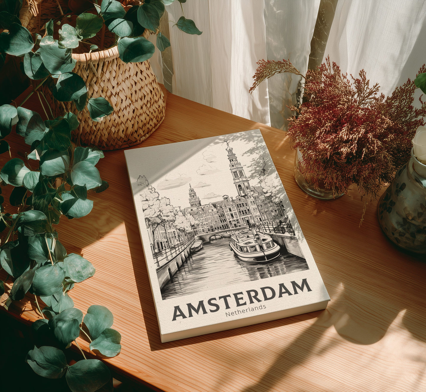 canvas of 'Amsterdam' on a wooden table with plants