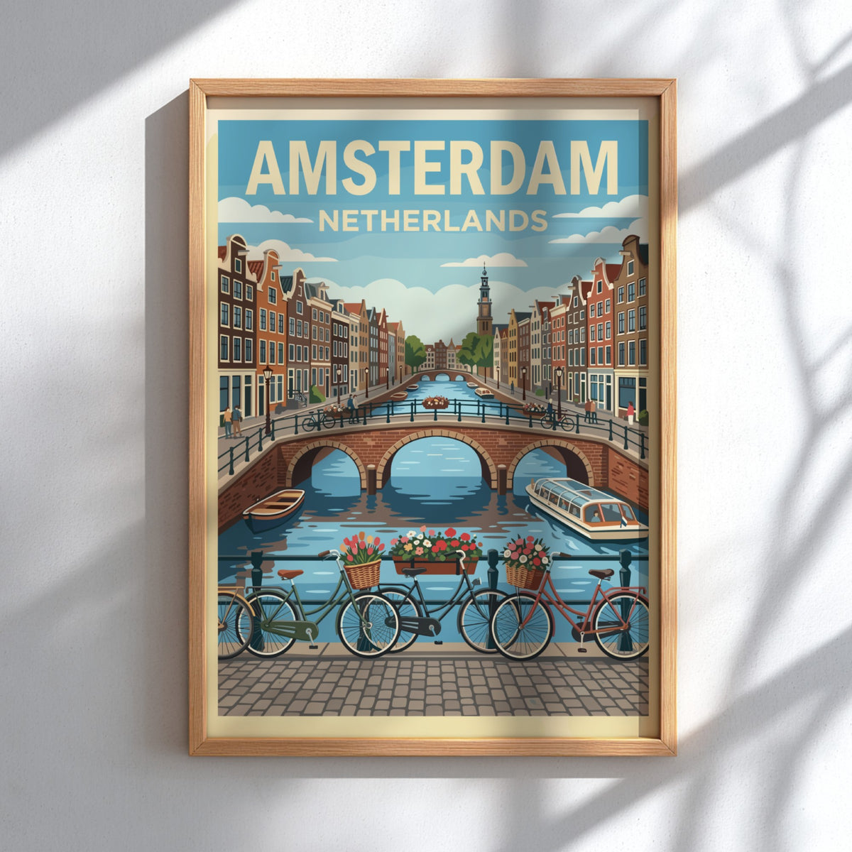 Amsterdam travel poster featuring a historic canal bridge, bicycles, and traditional Dutch houses.