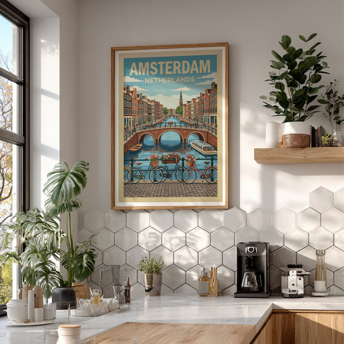 Amsterdam travel poster featuring a historic canal bridge, bicycles, and traditional Dutch houses.