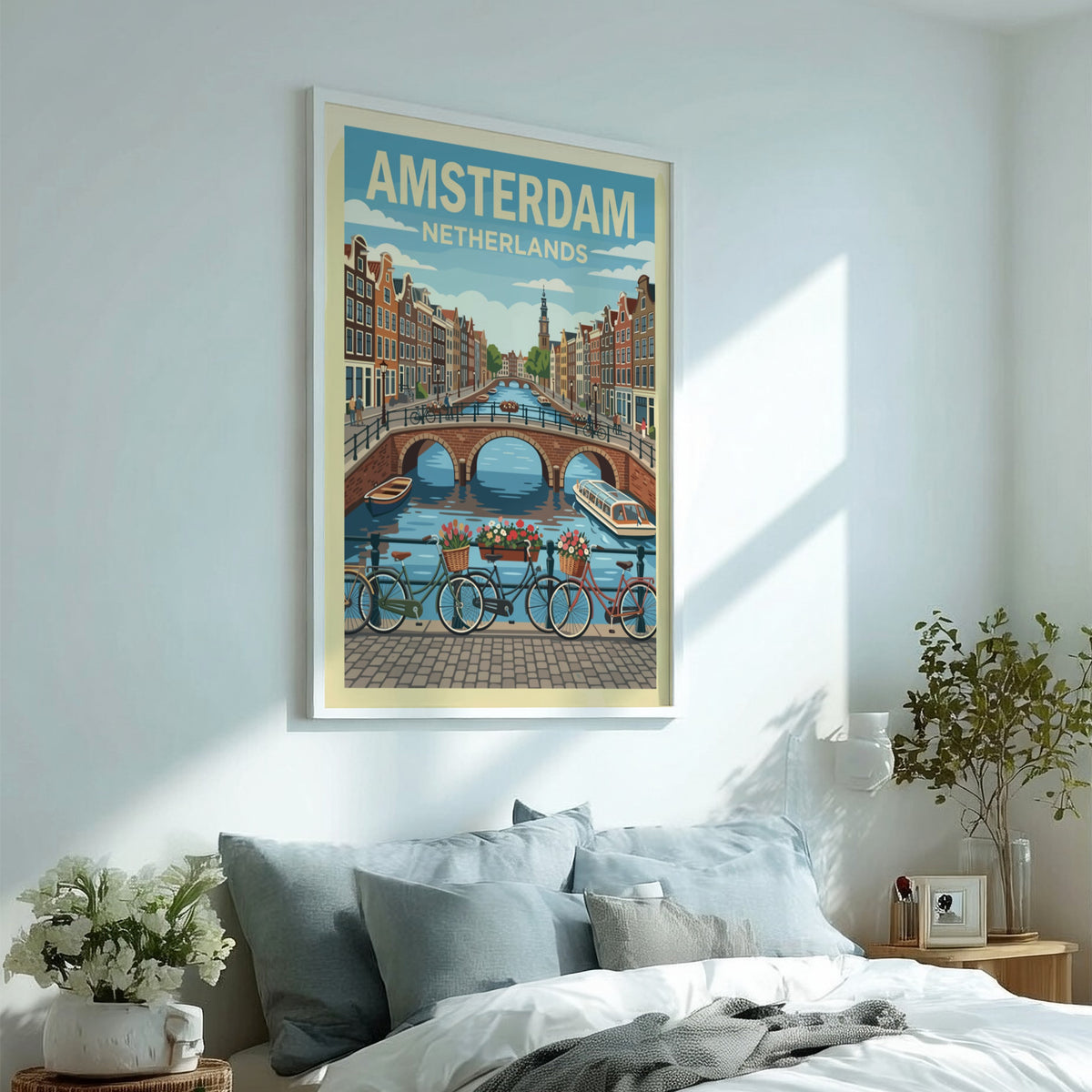 Amsterdam travel poster featuring a historic canal bridge, bicycles, and traditional Dutch houses.