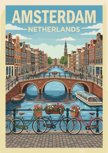 Amsterdam travel poster featuring a historic canal bridge, bicycles, and traditional Dutch houses.