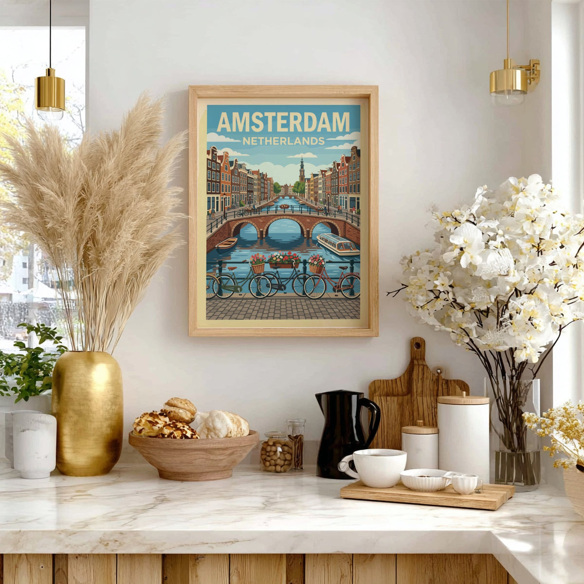 Amsterdam travel poster featuring a historic canal bridge, bicycles, and traditional Dutch houses.