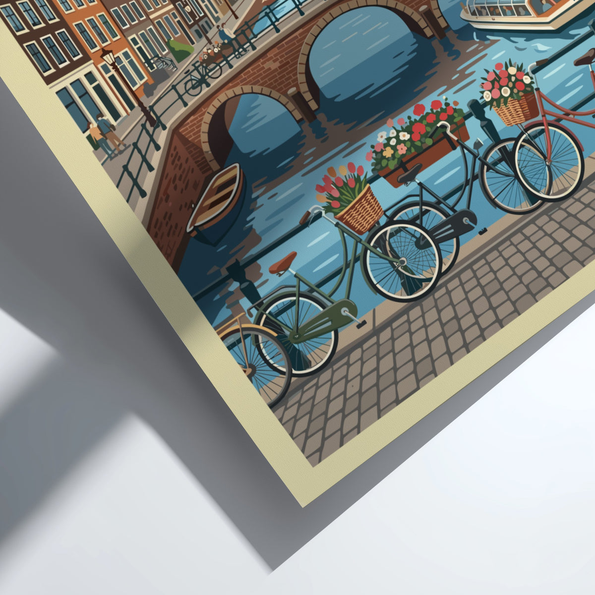 Amsterdam travel poster featuring a historic canal bridge, bicycles, and traditional Dutch houses.