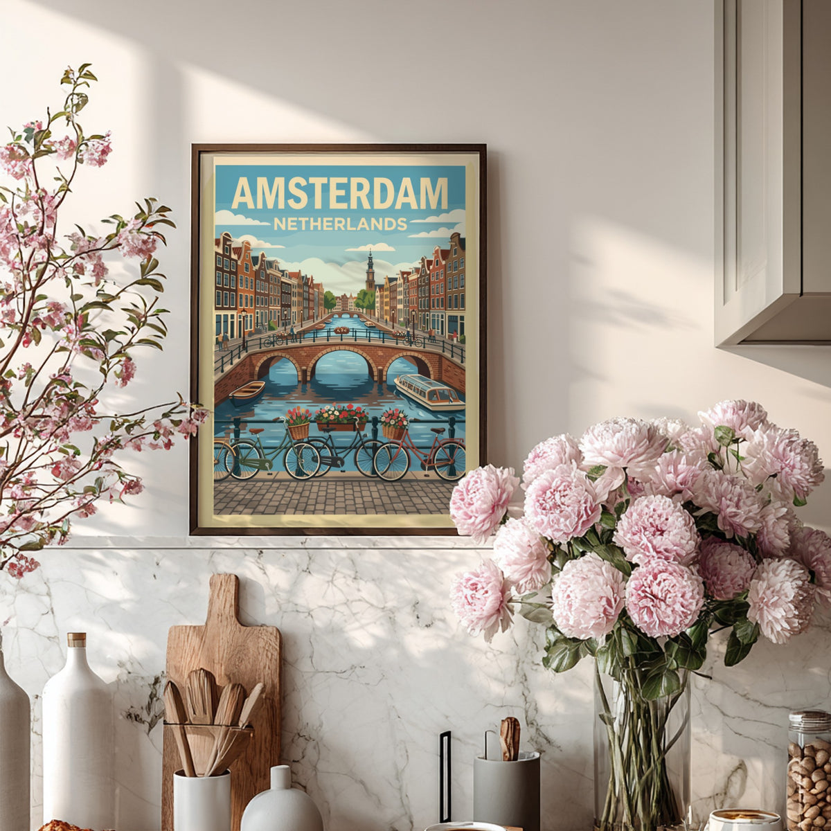 Amsterdam travel poster featuring a historic canal bridge, bicycles, and traditional Dutch houses.