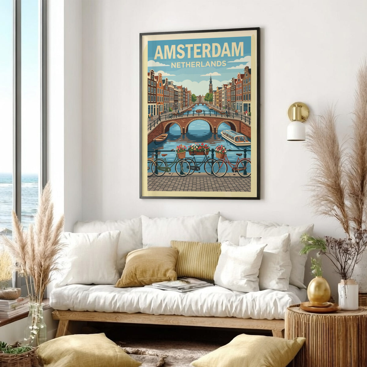 Amsterdam travel poster featuring a historic canal bridge, bicycles, and traditional Dutch houses.