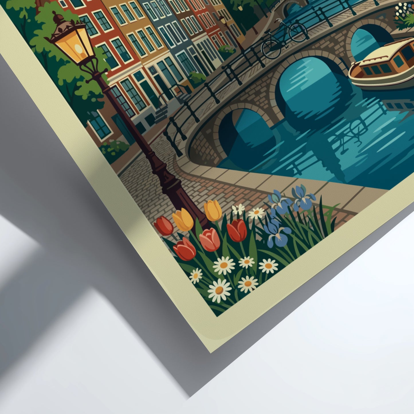 Amsterdam canal travel poster with illustrative style, featuring canal houses, bridge, and boat.