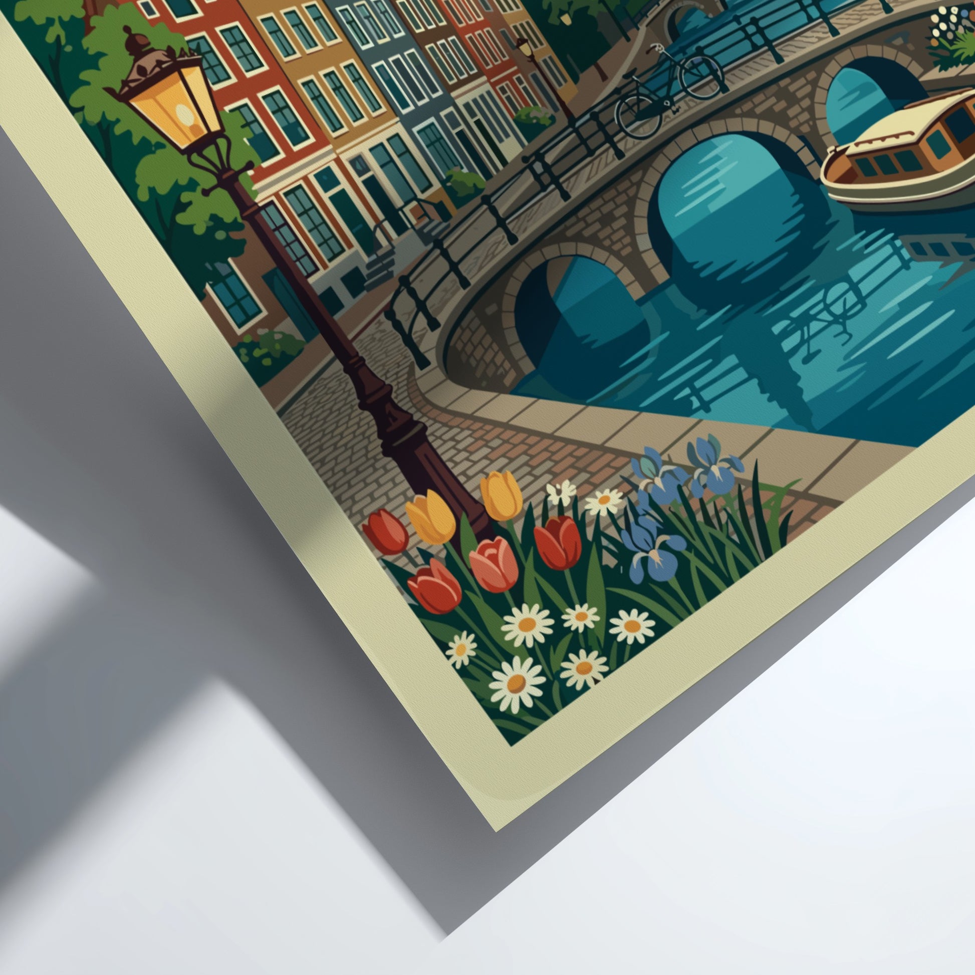 Amsterdam canal travel poster with illustrative style, featuring canal houses, bridge, and boat.