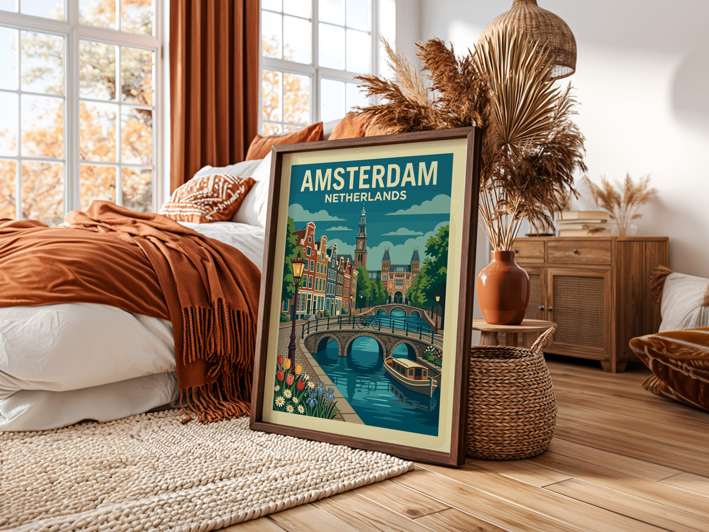 Amsterdam canal travel poster with illustrative style, featuring canal houses, bridge, and boat.