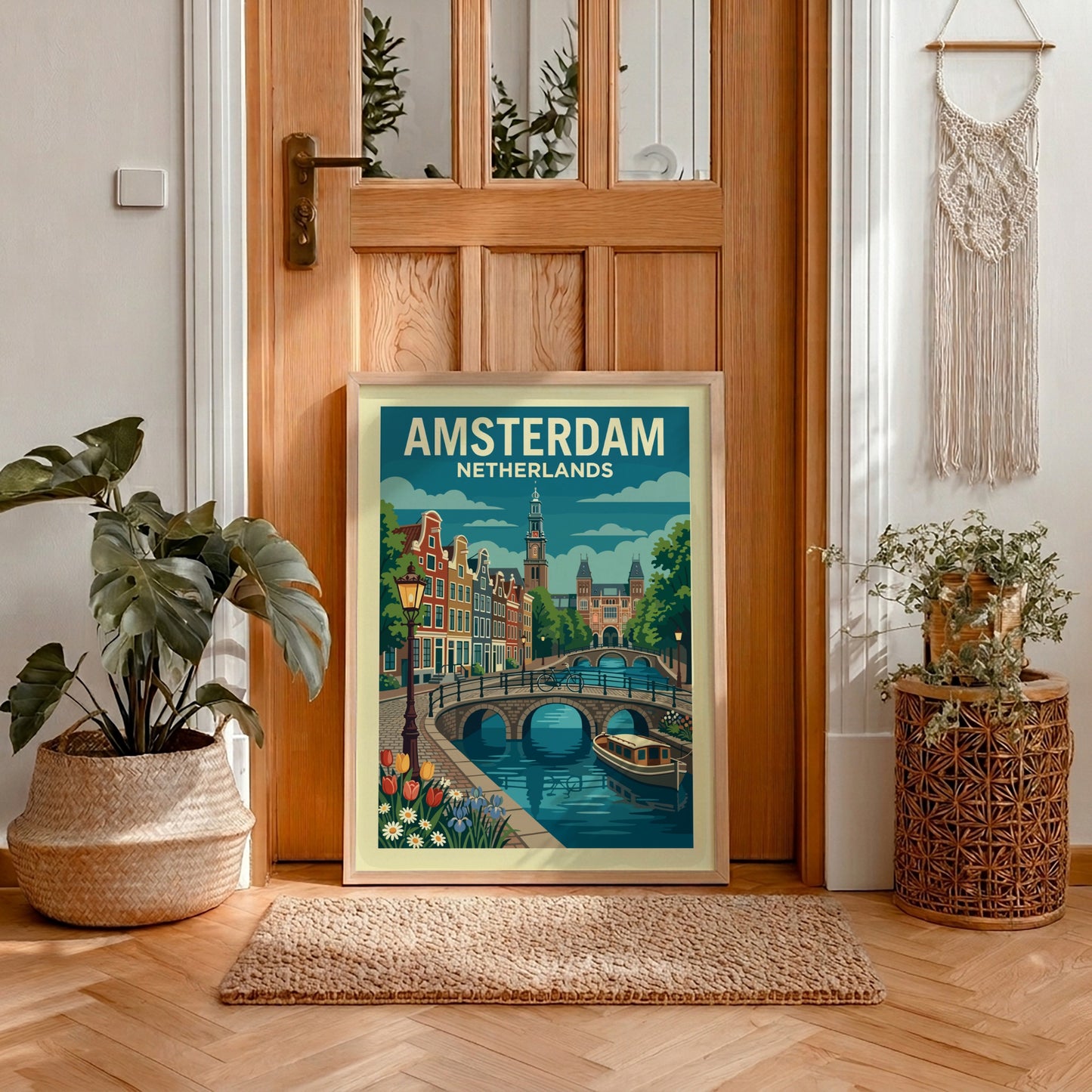 Amsterdam canal travel poster with illustrative style, featuring canal houses, bridge, and boat.