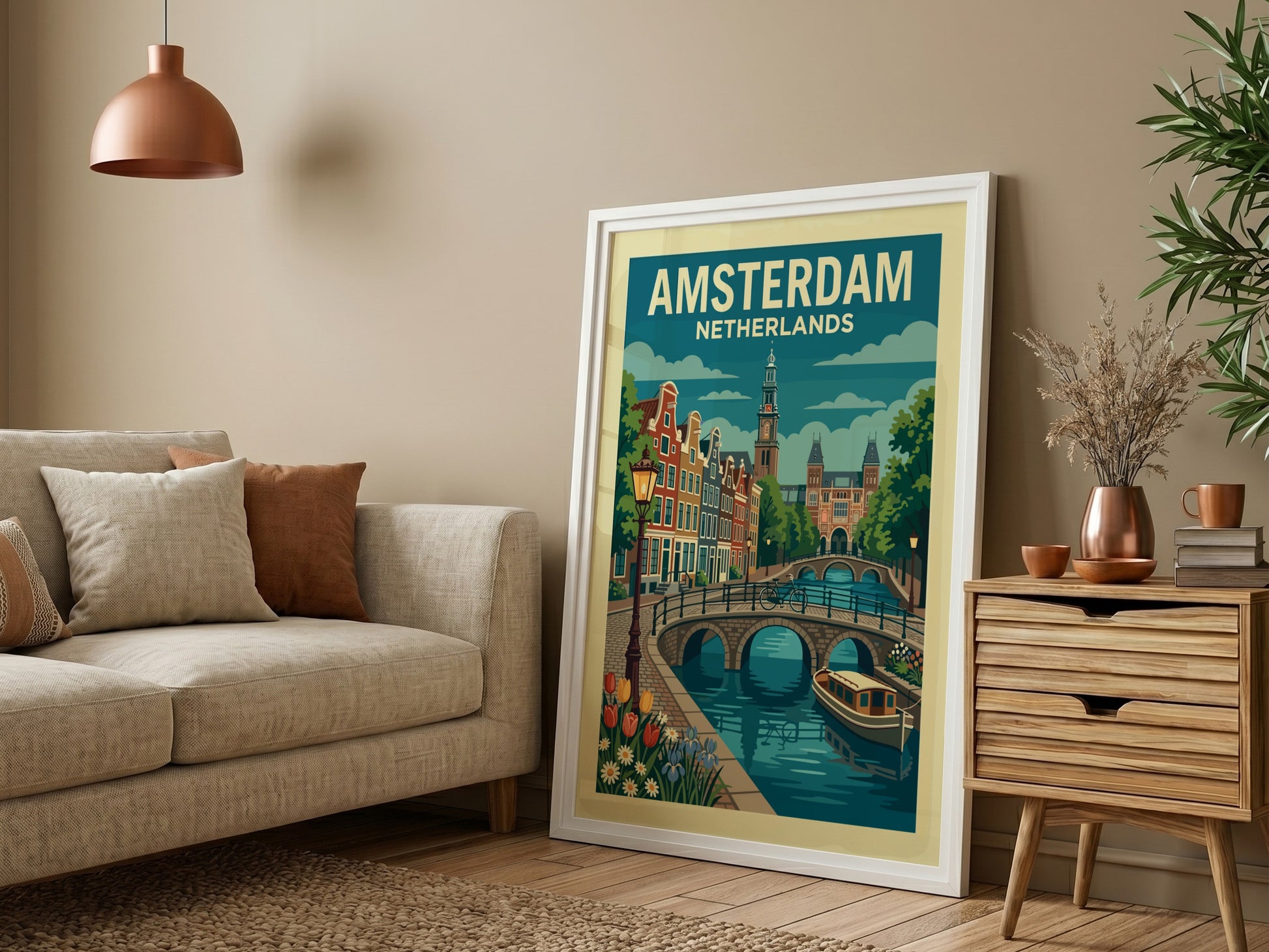 Amsterdam canal travel poster with illustrative style, featuring canal houses, bridge, and boat.