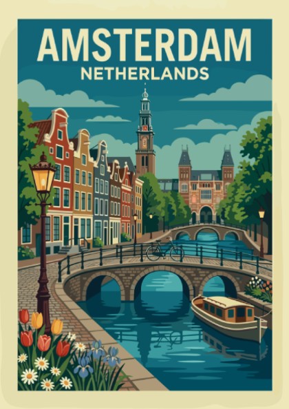 Amsterdam canal travel poster with illustrative style, featuring canal houses, bridge, and boat.