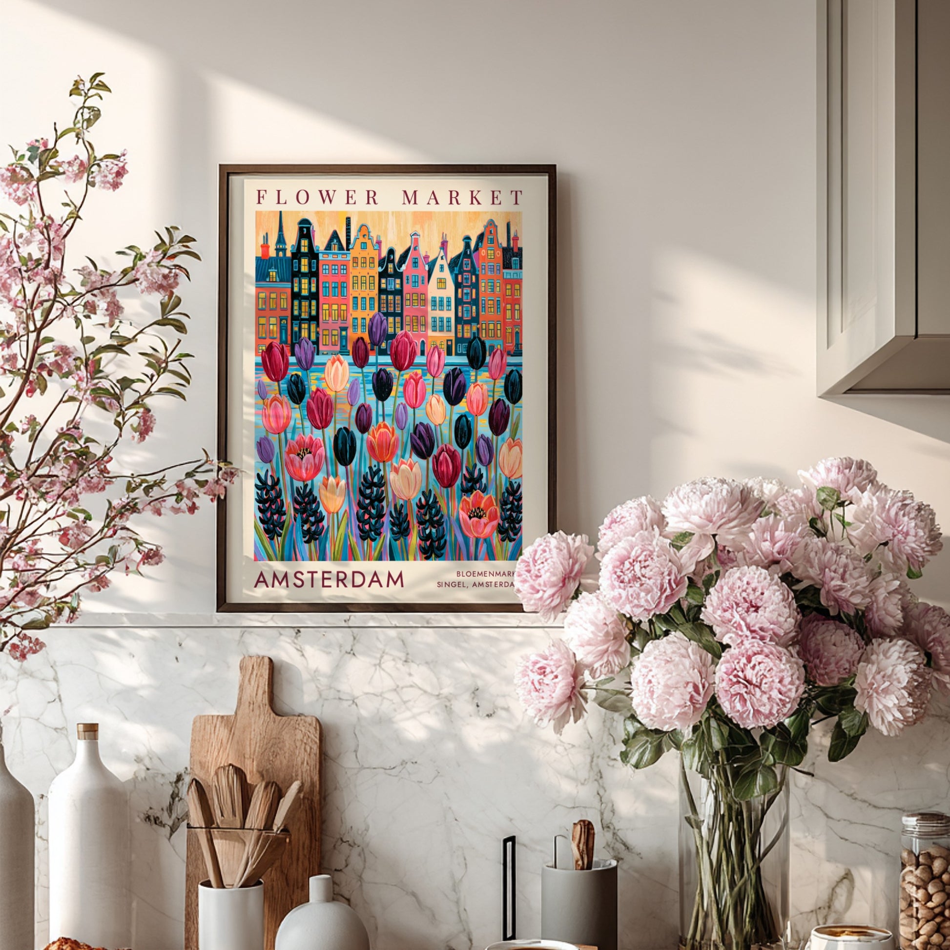 Vibrant travel poster of Amsterdam flower market and city skyline in colorful design