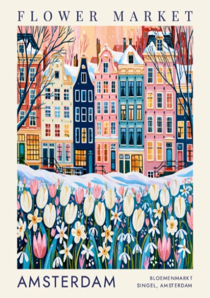 vibrant travel art poster featuring Amsterdam's flower market and colorful city buildings