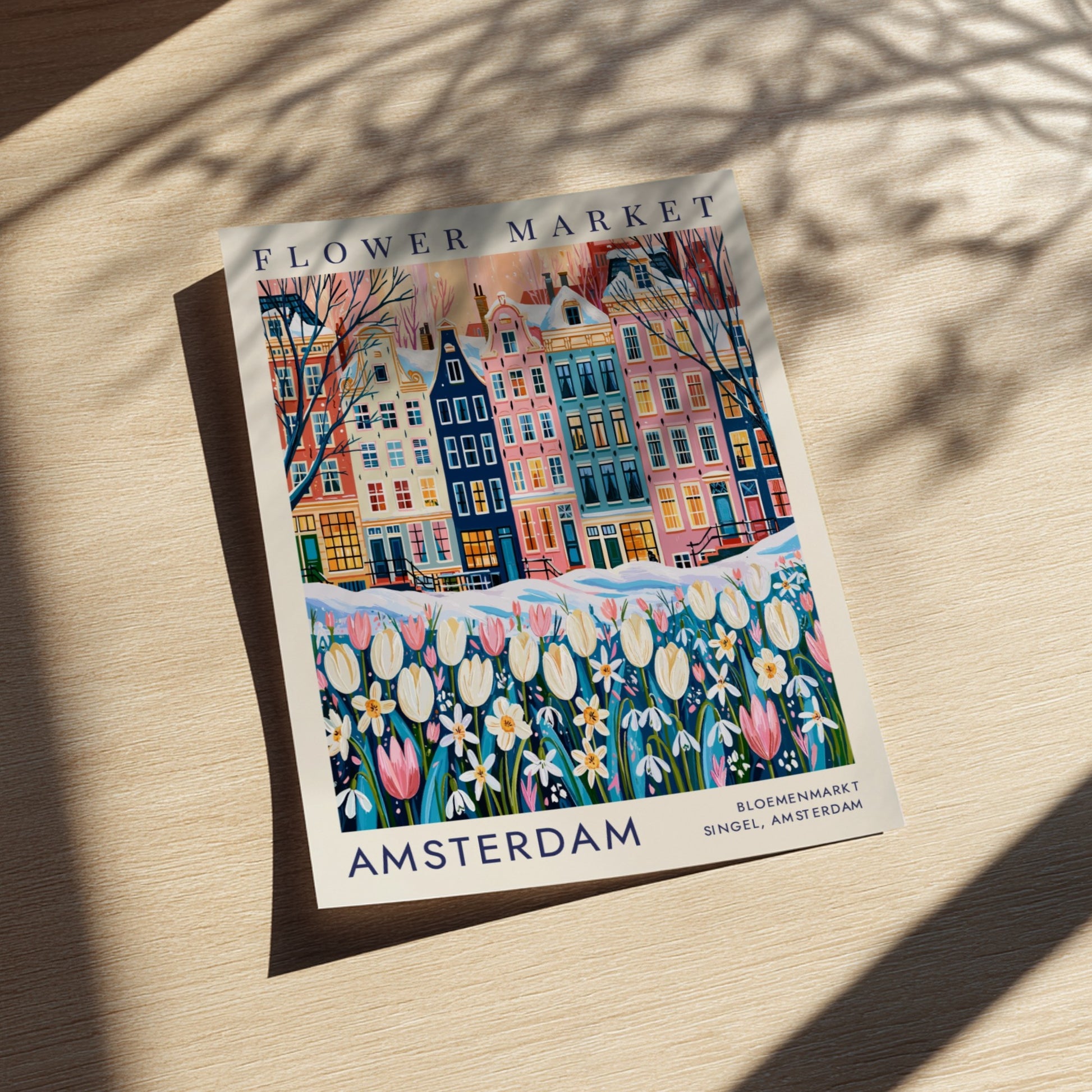 vibrant travel art poster featuring Amsterdam's flower market and colorful city buildings